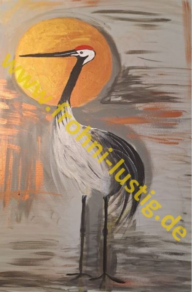 Kranich im Sonnenschein: Zeichnung Acryl und Goldpuder