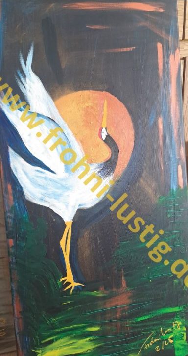 Tanzender Kranich: Zeichnung Acryl und Goldpuder