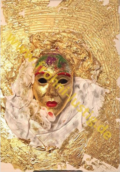 Maske in Venedig: Relief aus Pappmaschee, Rosen, Tüchern und Blattgold